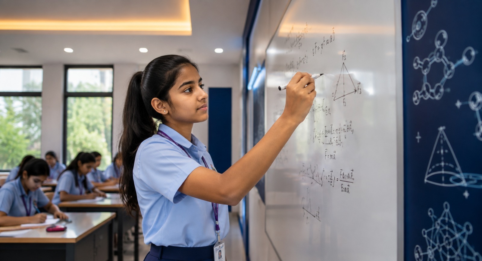 Girls learning in a science laboratory at Excellencia Aanandini